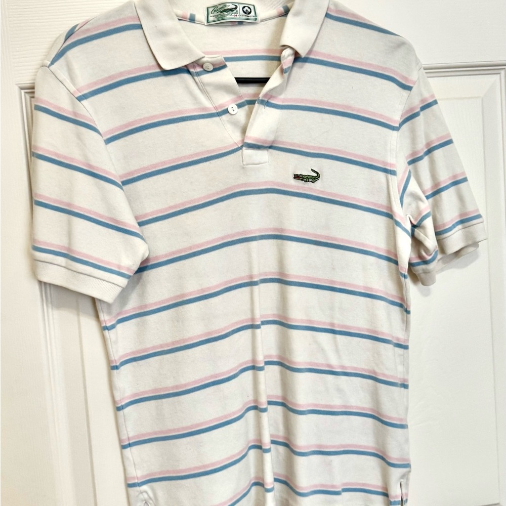 Crocodile Polo Shirt - White with Blue and Pink Accents